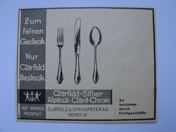 Clarfeld & Springmeyer A.G. Hemer, Besteck, Inserat 1929 #1