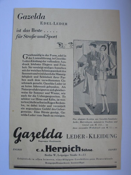 Gezelda Leder-Kleidung, C.A. Herpich Berlin, Inserat 1929 #1