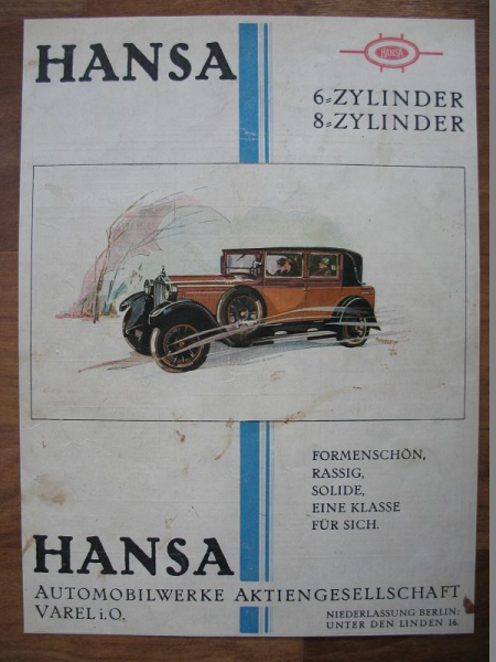 Hansa Automobilwerke AG Varel, Anzeige, Inserat um 1920
