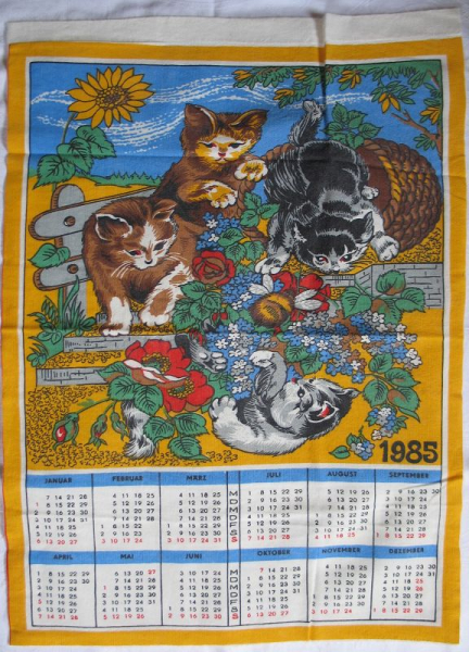 Kalender, Wandbehang aus Stoff, Katzen, DDR 1985
