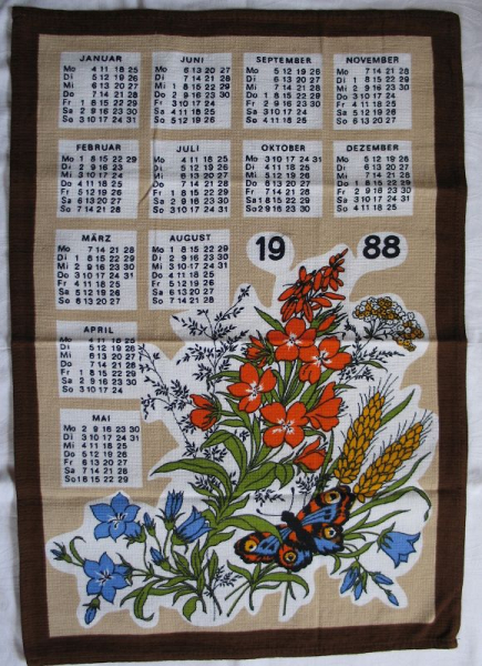 Kalender aus Stoff, Geschirrtuch, Malimo, DDR 1988