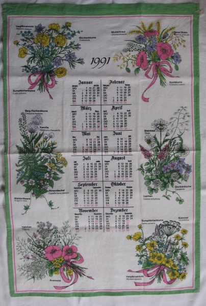 Kalender 1991, aus Stoff, Geschirrtuch
