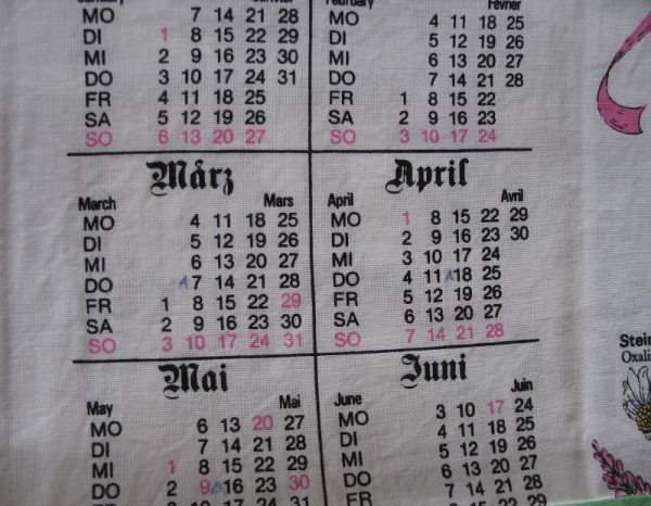 Kalender 1991, aus Stoff, Geschirrtuch