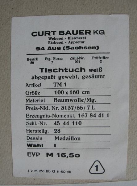 Tischtuch Curt Bauer KG Aue, weiß, DDR, unbenutzt, #tw2