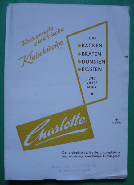 Kleinküche Charlotte, Anleitung DDR 1961, Elektrotherm Quedlinburg, Klamroth Güstrow