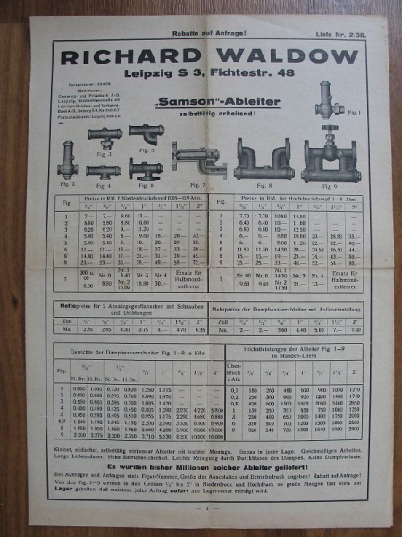Richard Waldow Leipzig, Samson Ableiter, Temperaturregler, Belüfter, Prospekt 1938