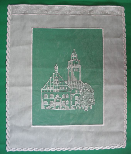 Scheibengardinen, Fensterbild, Plauener Spitze, Markuskirche und Rathaus Plauen