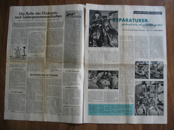 Zeitung der Handwerkskammer der DDR  Auf Fotos: Vulkaniseurmeister Eibenberger Berlin- Friedrichshain, PGH KFZ- Reparatur-Mechanik Bannewitz, JAWA, Arno William, Arthur Arnold,  Schmiedemeister Wollenzien aus Wartenberg bei Berlin, Maurermeister Hans Ulri