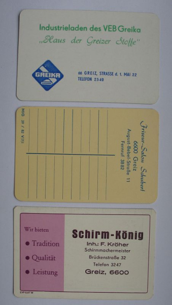 3 Taschenkalender DDR, VEB Greika Greiz, Schirm-König, F. Kröher, Friseur Schubert, #1
