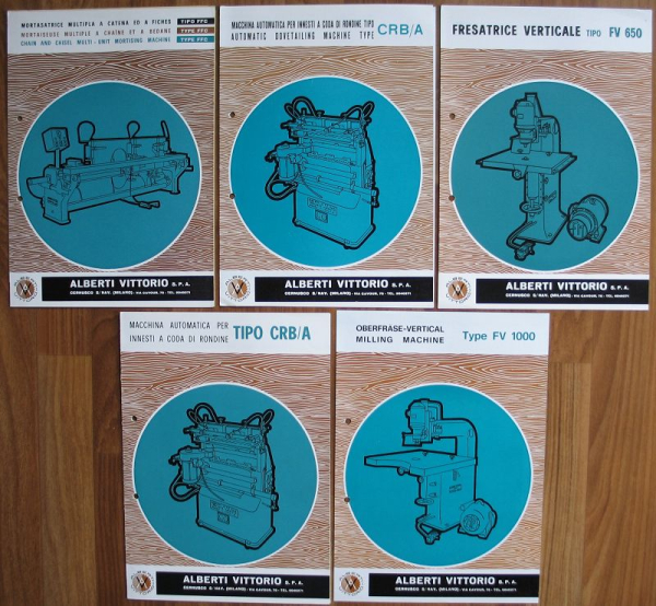 Alberti Vittorio Cernusco, 5 Prospekte, Oberfräse, Zinkenfräsmaschine, 1967