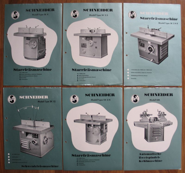 Schneider Starrfräsmaschine, Zweispindel-Kehlmaschine, 6 Prospekte 60-er Jahre