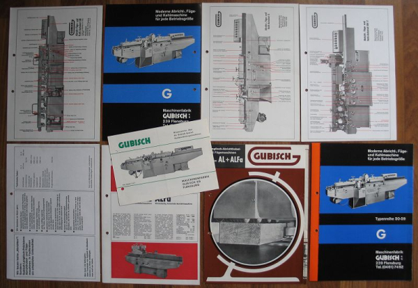 Maschinenfabrik Gubisch KG Flensburg, 9 Prospekte 60-er Jahre, Abrichthobel, Fügemaschinen, Kehlmaschinen