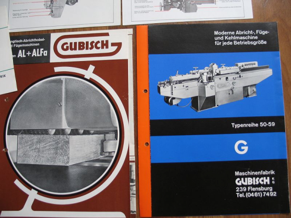 Maschinenfabrik Gubisch KG Flensburg, 9 Prospekte 60-er Jahre, Abrichthobel, Fügemaschinen, Kehlmaschinen