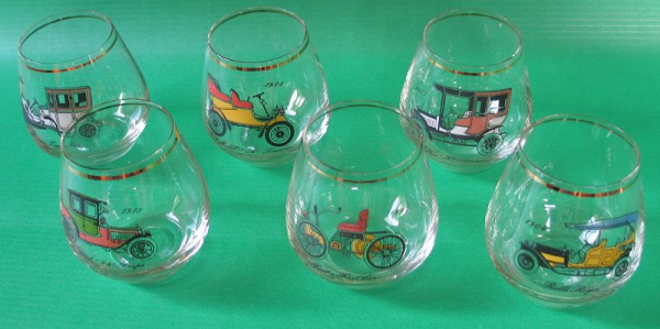 Weinbrandgläser mit Oldtimer, DDR, 6 Stück, Cognac, 60-er Jahre