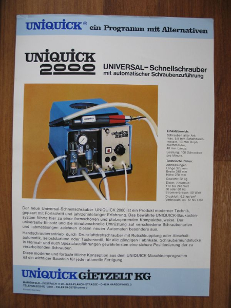 Uniquick 2000, Universal-Schnellschrauber, Gietzelt KG Harsewinkel, Prospekt um 1970