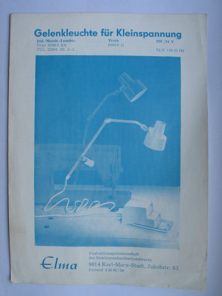 Gelenkleuchte PGH ELMA Karl-Marx-Stadt, DDR 1971, Type 0308.5 EA
