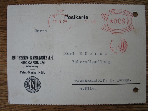 NSU Vereinigte Fahrzeugwerke AG Neckarsulm, Postkarte 1929, #15/1