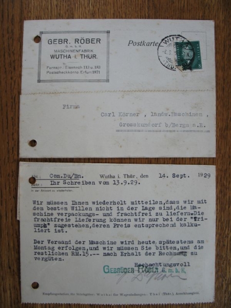Gebrüder Röber Maschinenfabrik Wutha, Postkarten 1929, #15/1