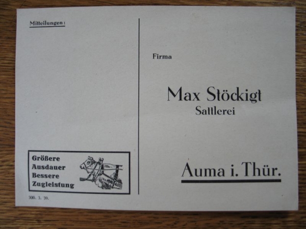 Max Stöckigt Sattlerei Auma, Postkarte um 1930, #15/1