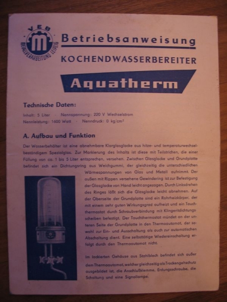 Kochendwasserbereiter Aquatherm, VEB Metallverarbeitung Leipzig, 1962