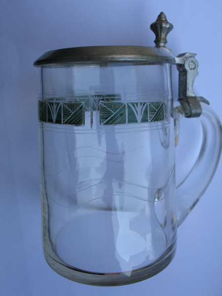 Bierkrug, Glaskrug mit Deckel, um 1920, #2