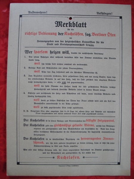 Merkblatt für die richtige Bedienung der Kachelöfen, Berliner Öfen