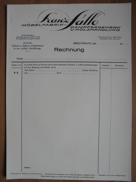 Franz Fülle Greiz Pohlitz, Möbelfabrik, Dampfsägewerk, Holzhandlung, schätze um 1940, Rechnung, #6