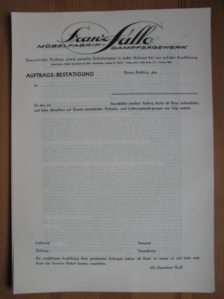 Franz Fülle Greiz Pohlitz, Möbelfabrik, Dampfsägewerk, schätze um 1940, Auftrags- Bestätigung, #5