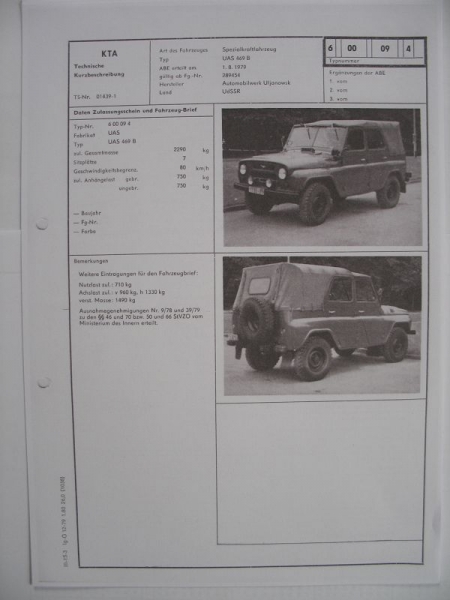 UAS 469 B, Automobilwerk Uljanowsk, UdSSR, 1979, KTA Datenblatt
