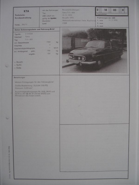 Tatra T2- 603, 1973, KTA Datenblatt DDR