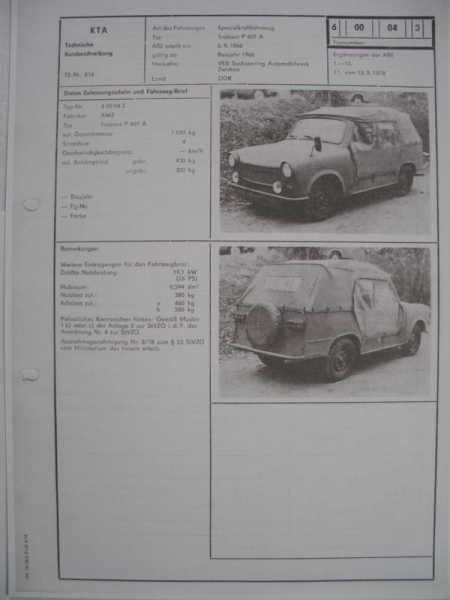Spezialkraftfahrzeug Trabant P 601 A, 1966, KTA Datenblatt