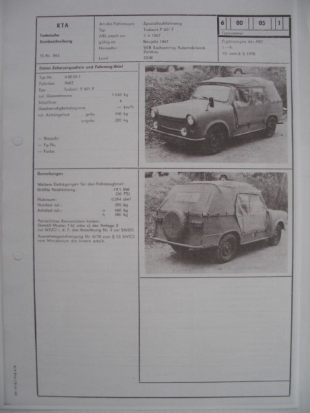 Spezialkraftfahrzeug Trabant P 601 F, 1967, KTA Datenblatt