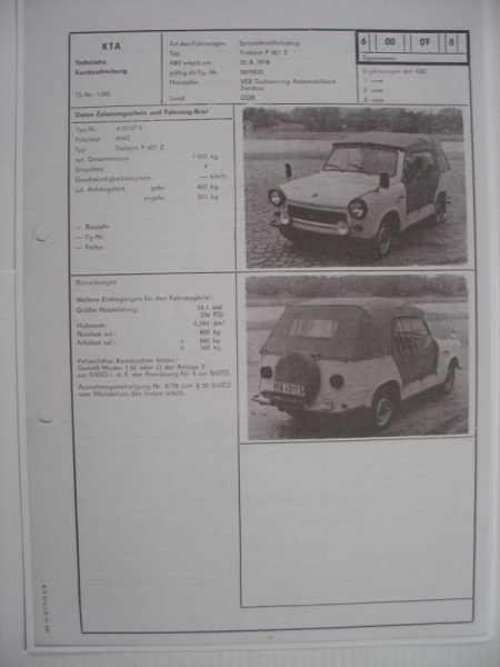 Spezialkraftfahrzeug Trabant P 601 Z, 1978, KTA Datenblatt