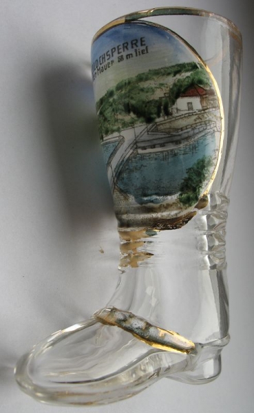 Bleilochsperre vor der Mauer 58 m tief, Andenkenglas, Stiefel