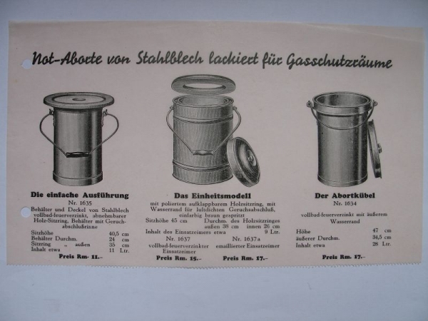 Not-Aborte von Stahlblech, für Gasschutzräume, Abortkübel, 30-er Jahre