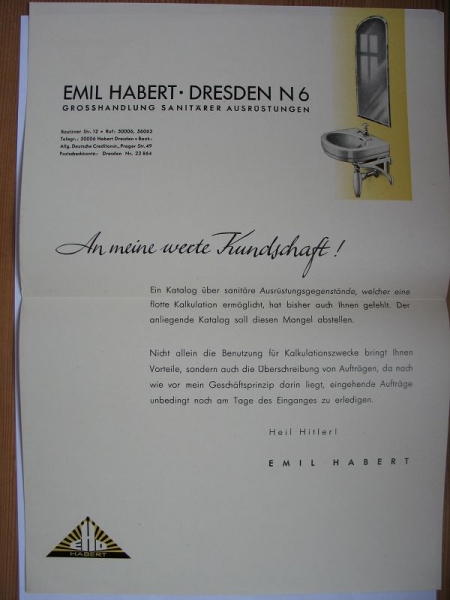 Emil Habert Dresden, Anschreiben zum Katalog, 30-er Jahre