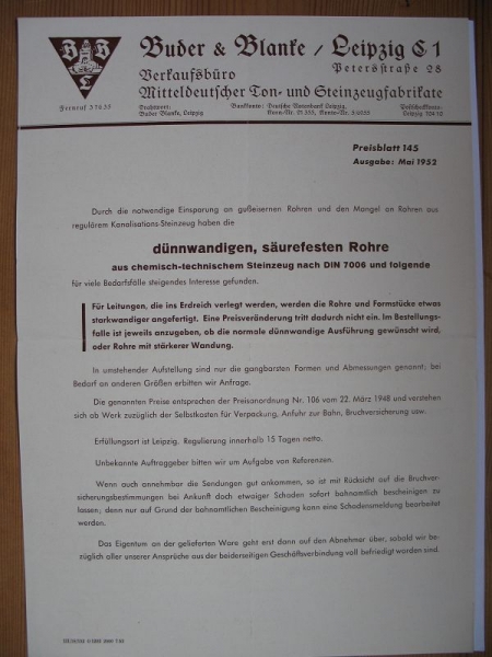 Buder & Blanke Leipzig, Verkauf Mitteldeutscher Ton- und Steinzeugfabrikate, Prospekt 1952