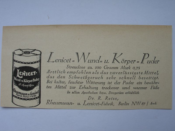 Lenicet Wund- und Körperpuder, Dr. R. Reiss Berlin, #1927/1