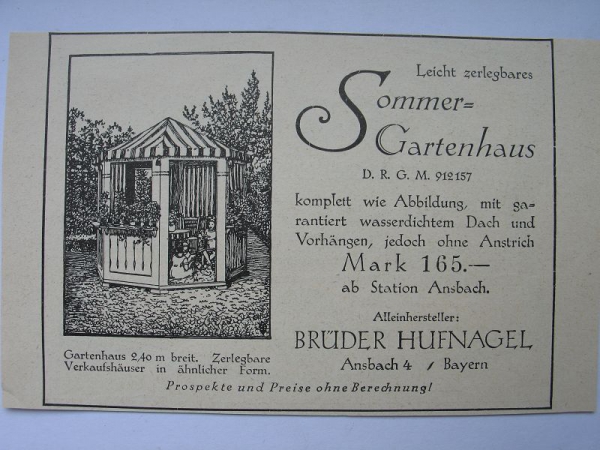 Sommer-Gartenhaus, Brüder Hufnagel Ansbach, #1927/1