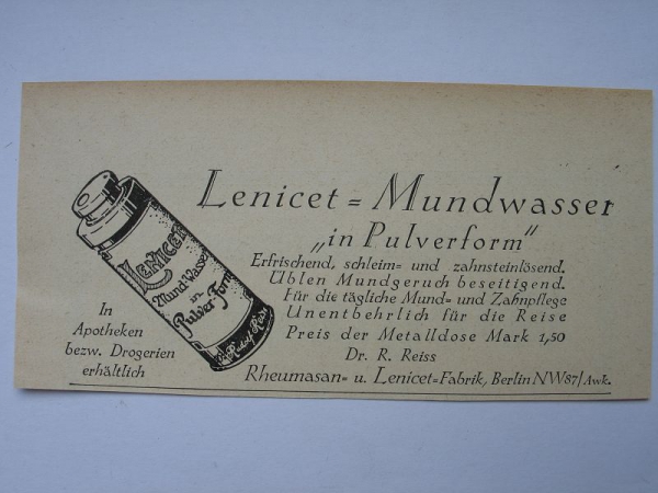 Lenicet Mundwasser in Pulverform, Dr.R. Reiss Berlin, #1927/1