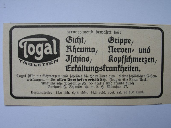 Togal Tabletten, Gerhard F. Schmidt München, #1927/1
