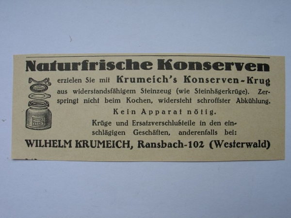 Wilhelm Krumeich Ransbach, Konserven- Krug, #1927/1