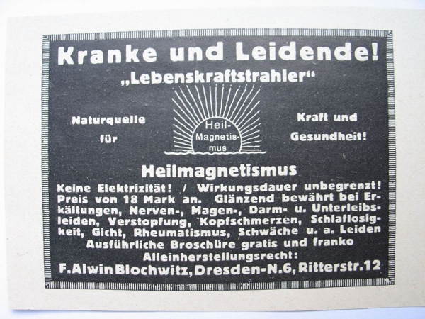 Lebenskraftstrahler, Heilmagnetismus, F. Alwin Blochwitz Dresden, #1927/1