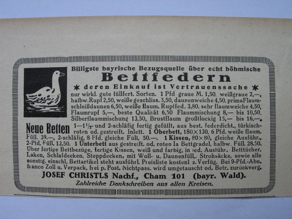 Josef Christls Nachf. Cham, Bettfedern, #1927/1