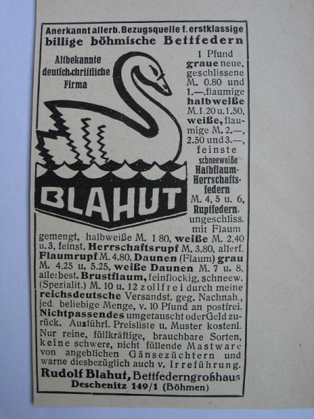 Rudolf Blauhut, Bettfedern, Deschenitz Böhmen, #1927/1