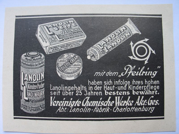 Lanolin Seife, Puder, Vereinigte Chemische Werke Charlottenburg, Pfeilring,  #1927/1