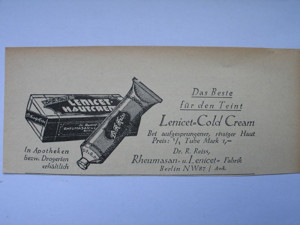 Lenicet-Cold Cream, Hautcreme, Dr.R. Reiss Berlin, #1927/1