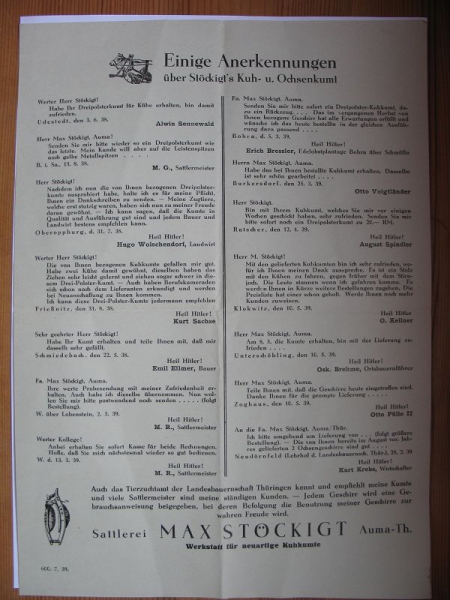 Sattlerei Max Stöckigt Auma Thüringen, Prospekt Kuhkumt, Ochsenkumt, 30-er Jahre