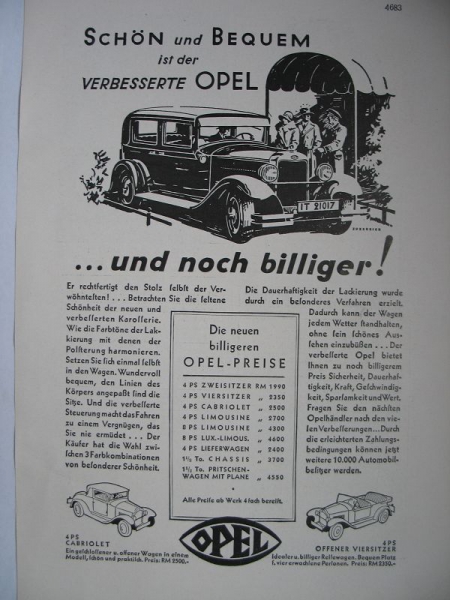 Opel Cabriolet, Lieferwagen, Zweisitzer, Viersitzer, #1930/1