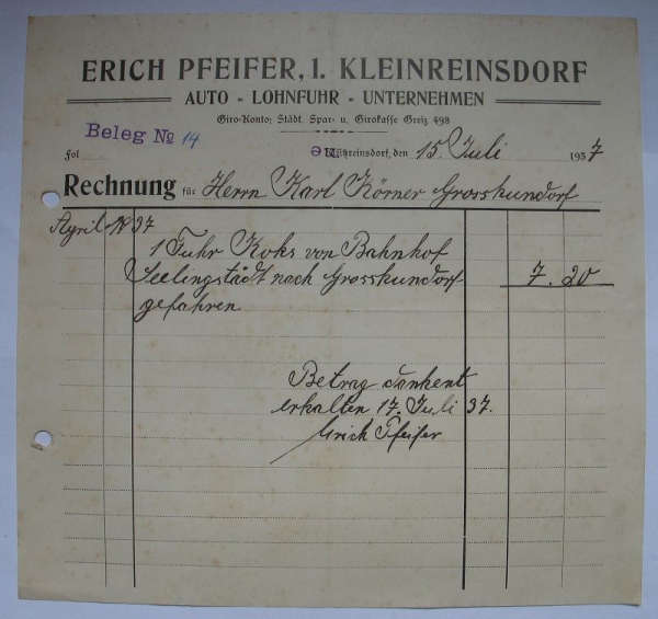 Erich Pfeifer Kleinreinsdorf, Auto- Lohnfuhr- Unternehmen, Rechnung 1937, #15/2